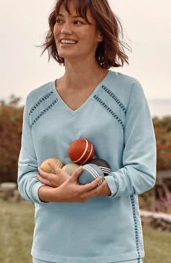 J.Jill Fit French Terry Embroidered V-Neck Pullover | Jjill-Women Tops & Tees