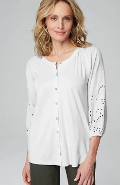 J.Jill Placed-Eyelet Mixed-Media Top | Jjill-Women Tops & Tees