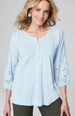 J.Jill Placed-Eyelet Mixed-Media Top | Jjill-Women Tops & Tees