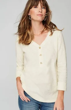J.Jill Textured-Cotton Rolled-Cuff Henley Top | Jjill-Women Tops & Tees
