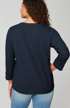 J.Jill Textured-Cotton Rolled-Cuff Henley Top | Jjill-Women Tops & Tees