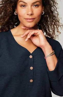 J.Jill Textured-Cotton Rolled-Cuff Henley Top | Jjill-Women Tops & Tees