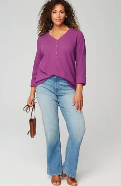 J.Jill Textured-Cotton Rolled-Cuff Henley Top | Jjill-Women Tops & Tees